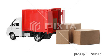 Toy truck with boxes isolated on white. Logistics and wholesale concept 97805146
