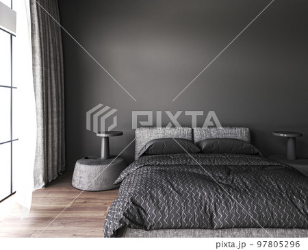 Black modern minimalism interior of stylish master bedroom with wooden floor, comfortable king size bed and large window. Front view. Mockup gray wall. 3d rendering. High quality 3d illustration 97805296