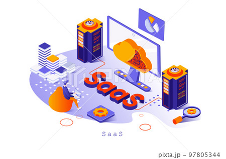 SaaS concept in 3d isometric design. Users subscribe to software and purchasing licenses, using cloud computing and storage platform, web template with people scene. Vector illustration for webpage 97805344