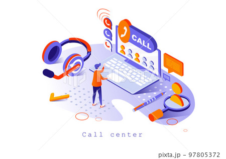 Call center concept in 3d isometric design. Operator responds to customer calls and messages, technical support and problem solving, web template with people scene. Vector illustration for webpage 97805372