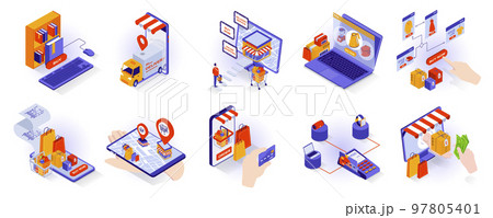 Online shopping concept isometric 3d icons set. Buying books in bookstore online, ordering goods from computer or app, tracking package and paying, isometry isolated collection. Vector illustration Online shopping concept isometric 3d icons set. Buying books in bookstore online, ordering goods from computer or app, tracking package and paying, isometry isolated collection. Vector illustration 97805401