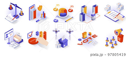 Election and voting concept isometric 3d icons set. Ballot papers, candidate selection, voting booths, exit polls, political campaigning of voters, isometry isolated collection. Vector illustration Election and voting concept isometric 3d icons set. Ballot papers, candidate selection, voting booths, exit polls, political campaigning of voters, isometry isolated collection. Vector illustration 97805419