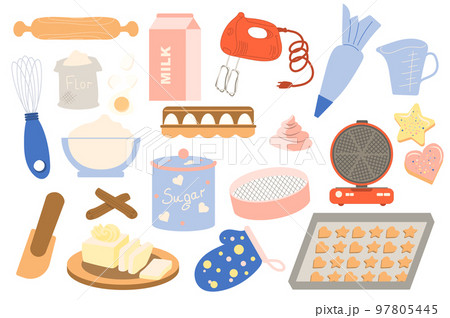 Homemade bakery collection in flat cartoon design. Kitchen utensils and ingredients for making desserts. Rolling pin, flour, milk, whisk, eggs and other set isolated elements. Vector illustration Homemade bakery collection in flat cartoon design. Kitchen utensils and ingredients for making desserts. Rolling pin, flour, milk, whisk, eggs and other set isolated elements. Vector illustration 97805445