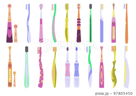 Toothbrushes concept collection in flat cartoon design. Different types and colors of toothbrushes set isolated elements. Cleaning tools for mouth. Dental hygiene and oral care. Vector illustration Toothbrushes concept collection in flat cartoon design. Different types and colors of toothbrushes set isolated elements. Cleaning tools for mouth. Dental hygiene and oral care. Vector illustration 97805450