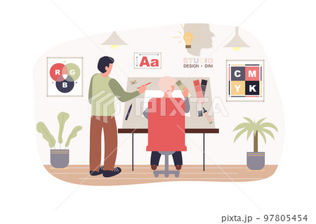 Designers team work at design studio modern flat concept. Man and woman draw and select palette of colors and fonts for creative project. Vector illustration with people scene for web banner design 97805454