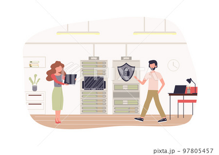 Cyber security team work at office modern flat concept. Protection against internet attacks. Man and woman work in datacenter hardware room. Vector illustration with people scene for web banner design 97805457