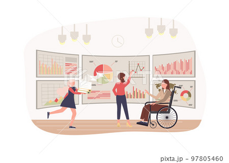 Data analysis and business statistics modern flat concept. Women study charts and graphs on huge screens. Accessibility in office space. Vector illustration with people scene for web banner design 97805460