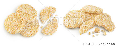 coconut cookies with white flax seeds and honey isolated on white background. Healthy food. Top view. Flat lay 97805580