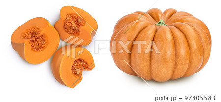 Fresh orange pumpkin isolated on white background with full depth of field. Top view. Flat lay Fresh orange pumpkin isolated on white background with full depth of field. Top view. Flat lay 97805583