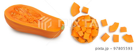 butternut squash slice in wooden bowl isolated on white background . Top view with copy space for your text. Flat lay 97805593