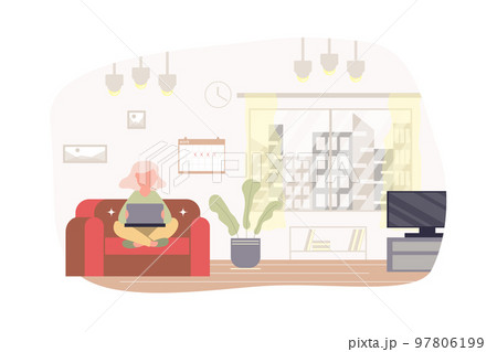Freelance working at home modern flat concept. Woman freelancer sitting with laptop on sofa in living room. Remote worker doing work online. Vector illustration with people scene for web banner design Freelance working at home modern flat concept. Woman freelancer sitting with laptop on sofa in living room. Remote worker doing work online. Vector illustration with people scene for web banner design 97806199