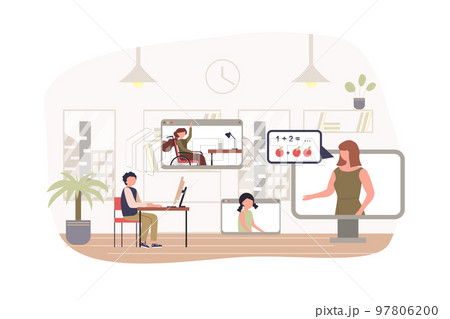 Distance learning modern flat concept. Boy pupil sits at home and watches video lesson with teacher and classmates. Online education. Vector illustration with people scene for web banner design 97806200