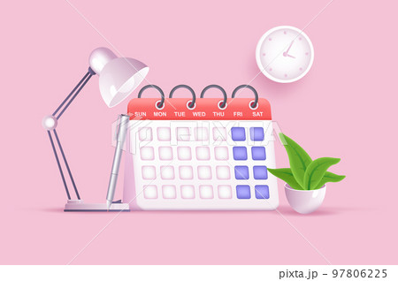 Calendar in office work organization concept 3D illustration. Icon composition with desk calendar, lamp, plant and wall clock. Time management and planning. Vector illustration for modern web design 97806225