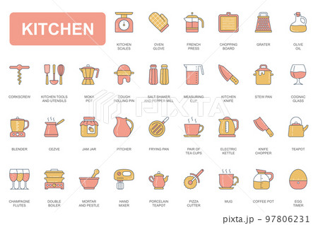 Kitchen concept simple line icons set. Pack outline pictograms of scales, oven glove, chopping board, grater, rolling pin, knife, pan, blender and other. Vector elements for mobile app and web design 97806231