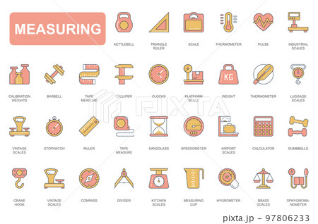Measuring concept simple line icons set. Pack outline pictograms of kettlebell, ruler, scales, thermometer, clocks, sandglass, compass, divider and other. Vector elements for mobile app and web design 97806233