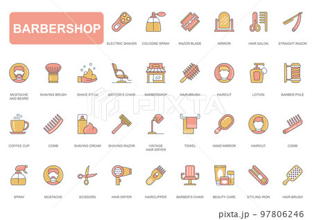 Barbershop concept simple line icons set. Pack outline pictograms of mirror, razor, mustache, beard, lotion, barber pole, scissors, shaver and other. Vector elements for mobile app and web design 97806246