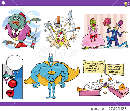 cartoon concepts or metaphors with comic characters set 97806423