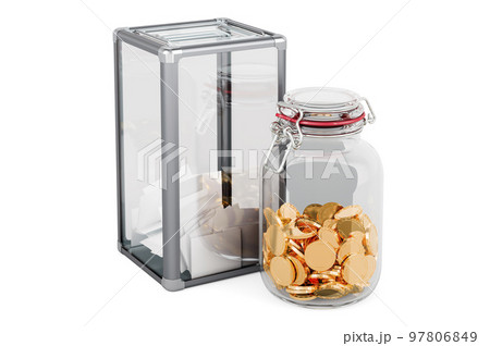 Ballot box with glass jar full of golden coins. Vote buying concept. 3D rendering 97806849