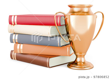 Books with gold trophy cup award, 3D rendering 97806852