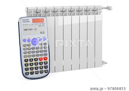 Calculator with heating radiator. Saving energy consumption concept. 3D rendering Calculator with heating radiator. Saving energy consumption concept. 3D rendering 97806853