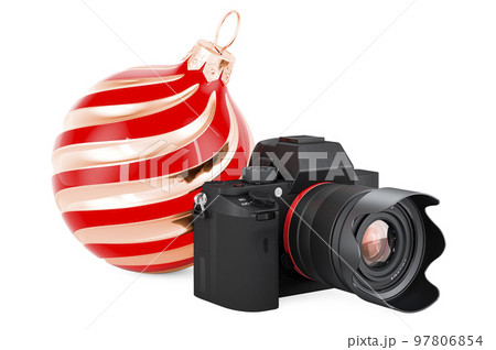 Christmas Photo Session concept. Digital camera with Christmas ball. 3D rendering 97806854