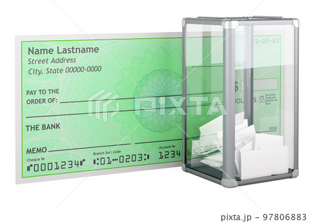 Election ballot box with blank bank check. Vote buying concept. 3D rendering 97806883