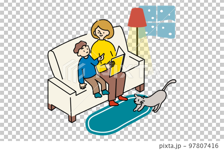 冬の夜に絵本を読む親子 97807416