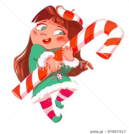 Little girl with big candy cane. Christmas illustration Little girl with big candy cane. Christmas illustration 97807417