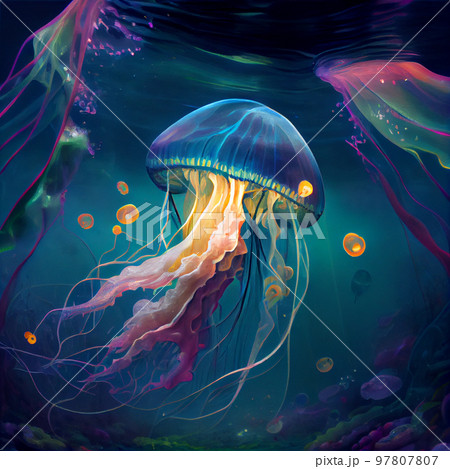 Beautiful jellyfish in the underwater world with inner glow Beautiful jellyfish in the underwater world with inner glow 97807807