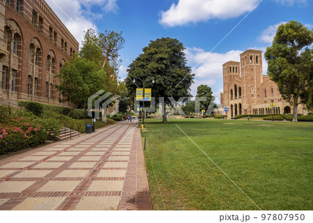 Los Angeles, USA. September 20, 2022. Diminishing perspective of footpath by grassy landscape with Royce Hall in the background under blue sky at UCLA campus Los Angeles, USA. September 20, 2022. Diminishing perspective of footpath by grassy landscape with Royce Hall in the background under blue sky at UCLA campus 97807950