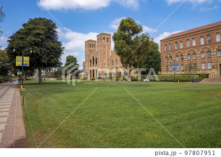 Los Angeles, USA. September 20, 2022. View of grassy landscape in front of Royce Hall and UCLA buildings with sky in the background at campus 97807951
