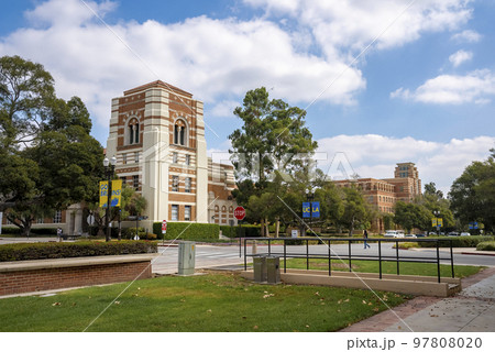 Los Angeles, USA. September 20, 2022. View of grassy land and trees growing on street with university buildings in the background under cloudy sky at UCLA campus 97808020