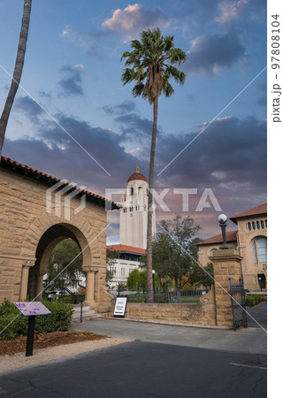 Low angle distant view of Hoover Institution Library and Archives at Stanford University campus with cloudy sky in the background at Palo Alto in California 97808104