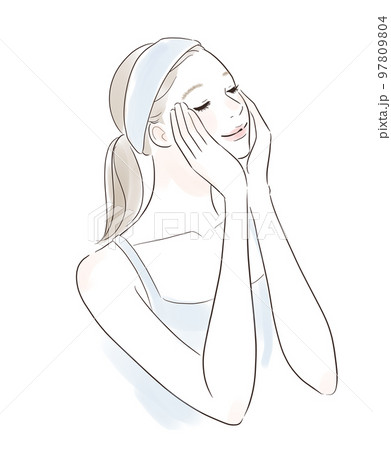 スキンケア　うっとりして目を閉じる笑顔の女性 97809804