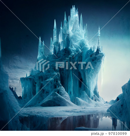 Ice castle of the snow queen standing on a mountain 97810099