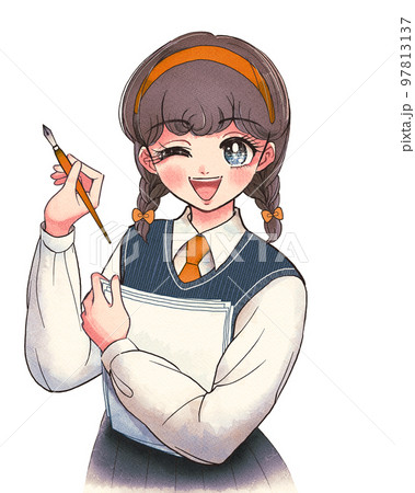 レトロ漫画風・原稿とつけペンを持つ女子高生のイラスト レトロ漫画風・原稿とつけペンを持つ女子高生のイラスト 97813137