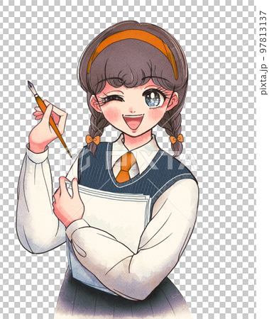 レトロ漫画風・原稿とつけペンを持つ女子高生のイラスト レトロ漫画風・原稿とつけペンを持つ女子高生のイラスト 97813137