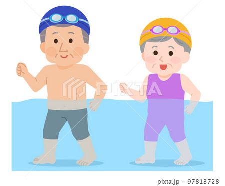 水中ウォーキングをする元気な高齢者　全身　イラスト 97813728