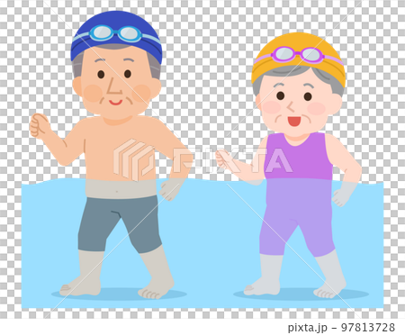 水中ウォーキングをする元気な高齢者　全身　イラスト 97813728
