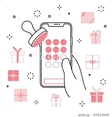 手に持ったスマートフォンのアプリ スタンプカード プレゼントのアイコンセット 97814040