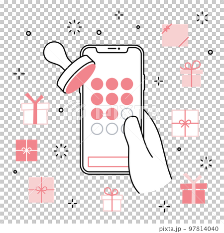 手に持ったスマートフォンのアプリ スタンプカード プレゼントのアイコンセット 97814040