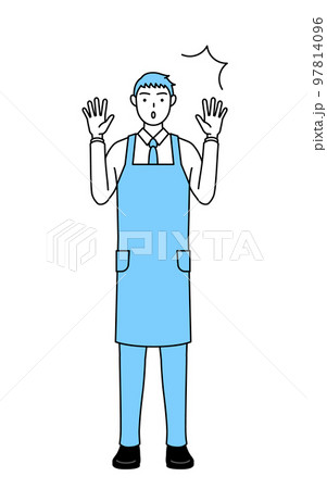 驚いて手を上げるエプロンを着た男性 97814096