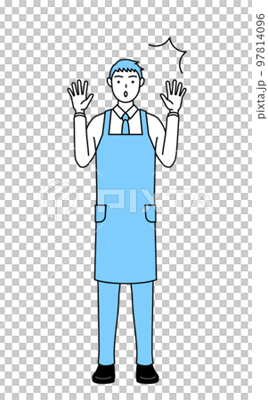 驚いて手を上げるエプロンを着た男性 97814096