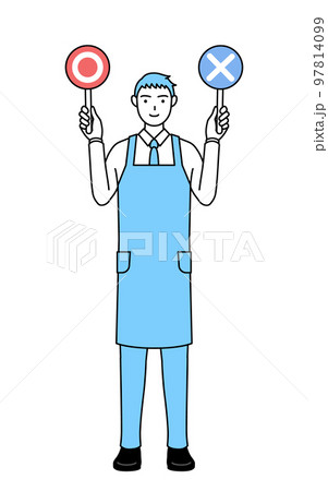 正解と不正解を示す棒を持つエプロンを着た男性 97814099