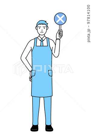 不正解を示すバツの棒を持つエプロンを着た男性 97814100