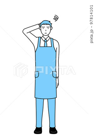 困って頭をかくエプロンを着た男性 97814101