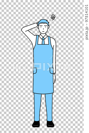 困って頭をかくエプロンを着た男性 97814101