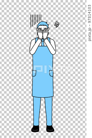 落ち込んで顔を覆うエプロンを着た男性 97814103