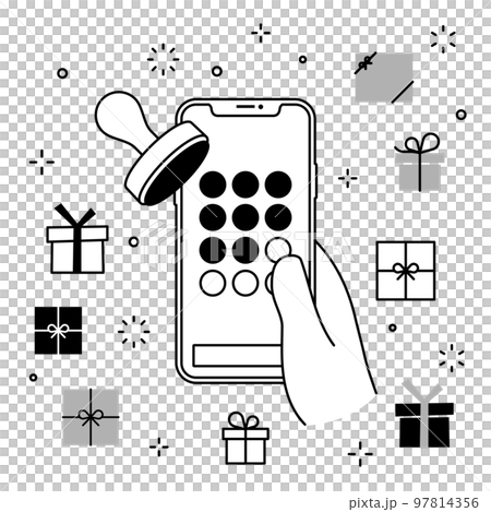 Smartphone members app stamp card gift icon set in hand Smartphone members app stamp card gift icon set in hand 97814356
