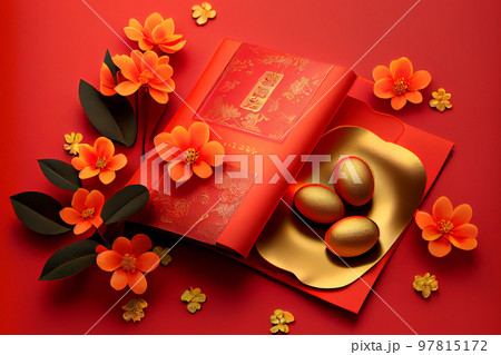 Chinese New Year Red envelopes, gold ingots, oranges, and Chinese blossom flowers on red background 97815172